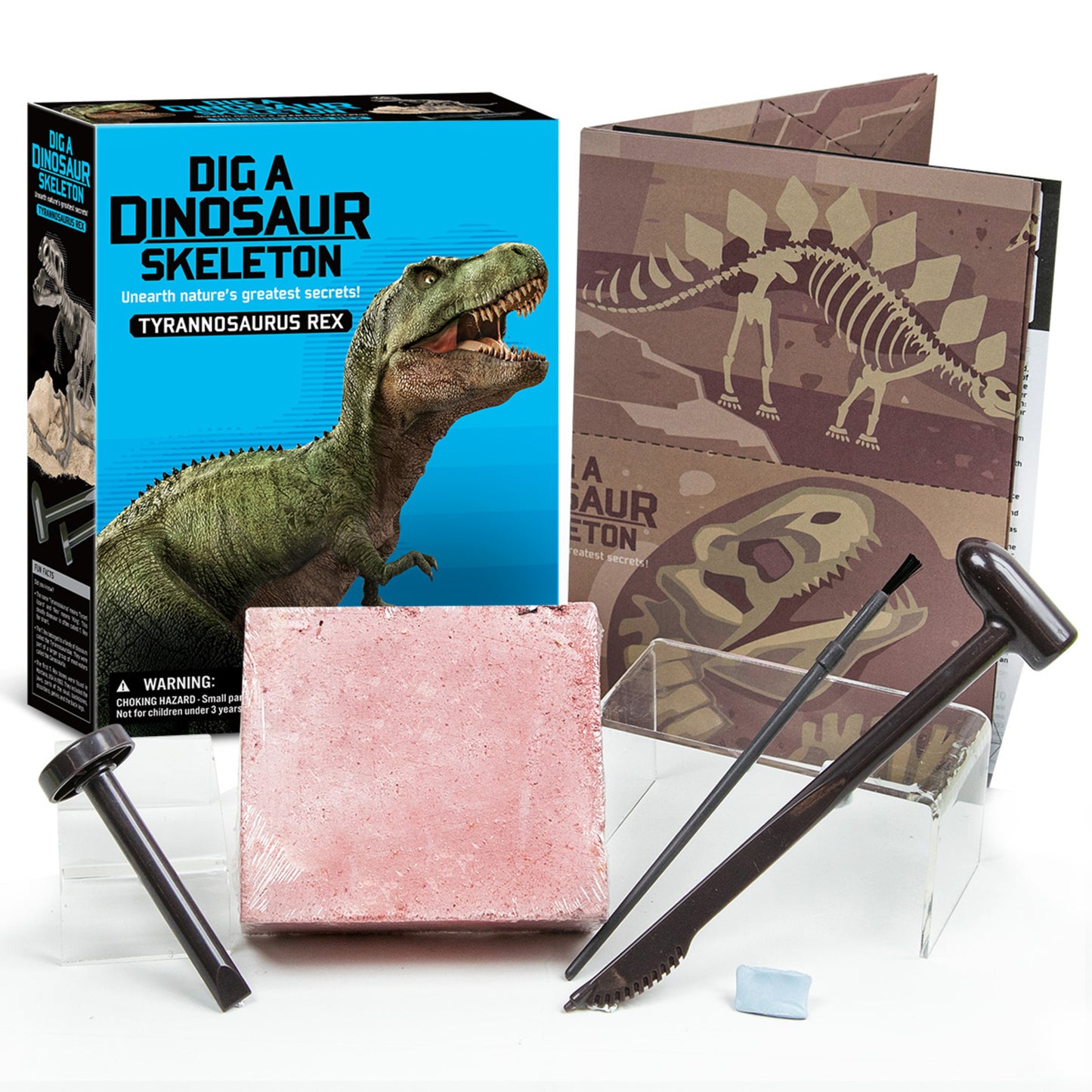 4M Dig A Dinosaur Skeleton Tyrannosaurus Rex fossil kit with pink excavation block and tools