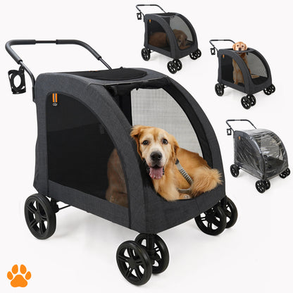 Chester Raincover Pet Stroller in Melange Black with golden retriever inside