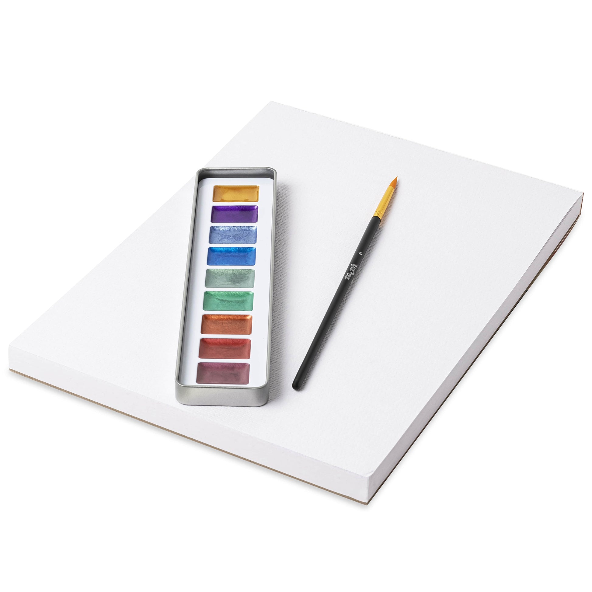 Watercolor Paint Set: Metallic with 9 vibrant colors, brush, and white paper pad