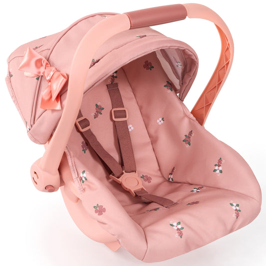 Bayer Design Dolls Deluxe Car Seat in coral pink with floral pattern and fabric handle