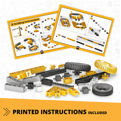 Engino Creative Builder 3-In-1 Tall Crane motor-powered STEM construction set with yellow and black pieces and printe...