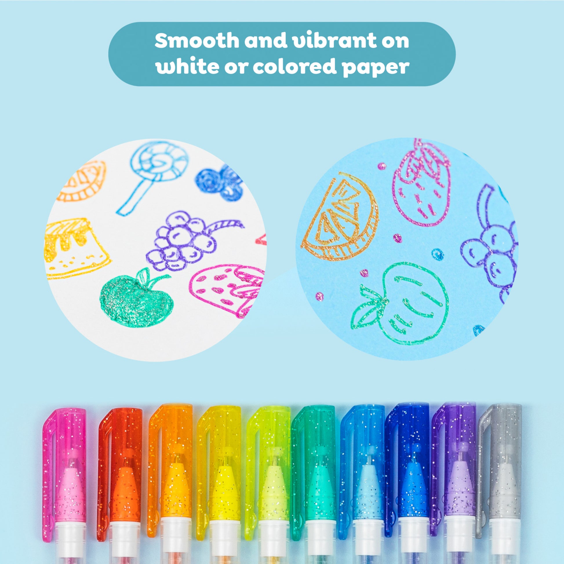Tiger Tribe Shimmer Gel Pens 10-pack with sparkling ink in rainbow colors, shown with fruit and dessert drawings