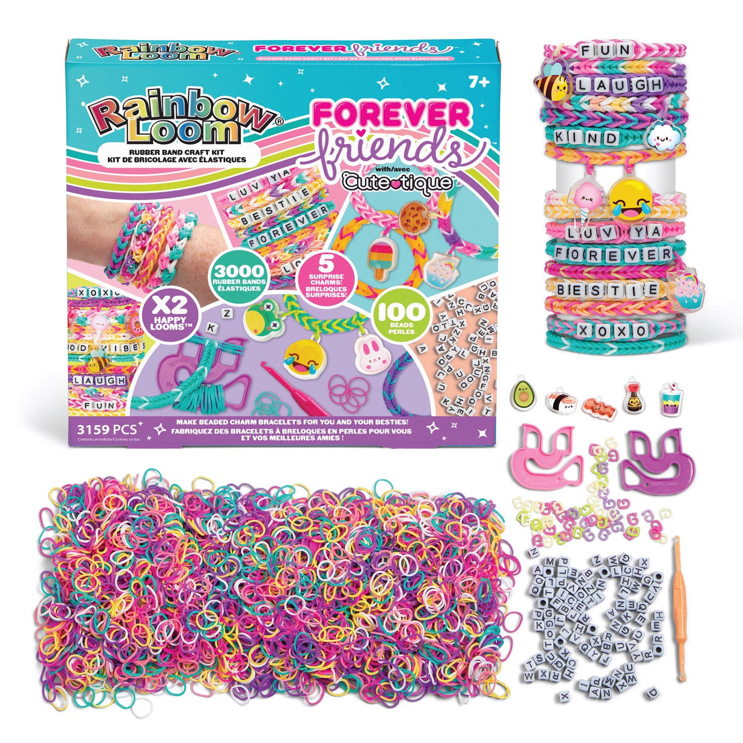 Rainbow Loom Forever Friends craft kit with 3000+ rubber bands, colorful looms, beads and charms