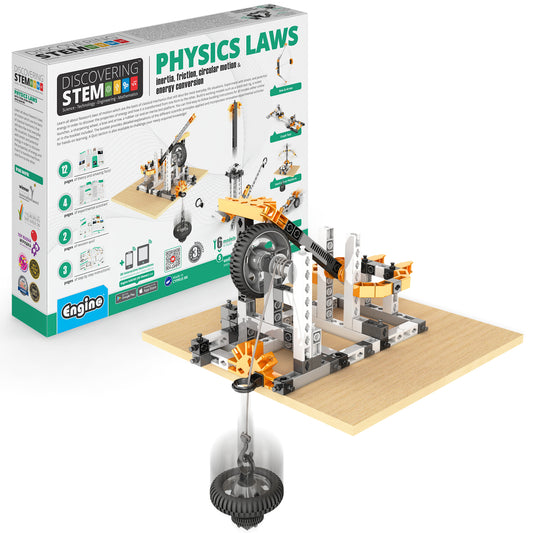 Engino Discovering STEM Physics Laws building set with orange and white mechanical models demonstrating inertia, fric...