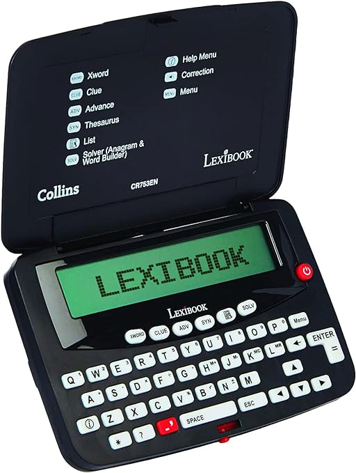 Collins Bradford Lexibook electronic spell checker with green display screen, QWERTY keyboard, and game menu options including Xword, Clue, Advance, Thesaurus,