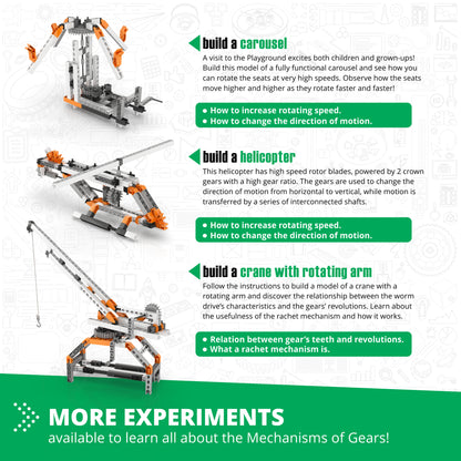 Engino Gears & Worm Drives STEM building set with orange and gray mechanical models including carousel, helicopter, a...
