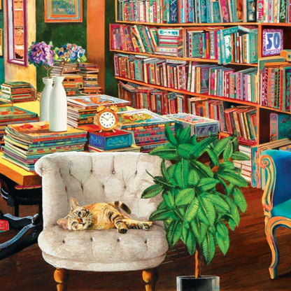 Eurographics Old Library 1000 piece puzzle featuring colorful bookroom with cat on chair