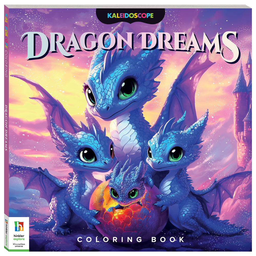 Kaleidoscope Dragon Dreams coloring book with blue dragons and magical purple sky