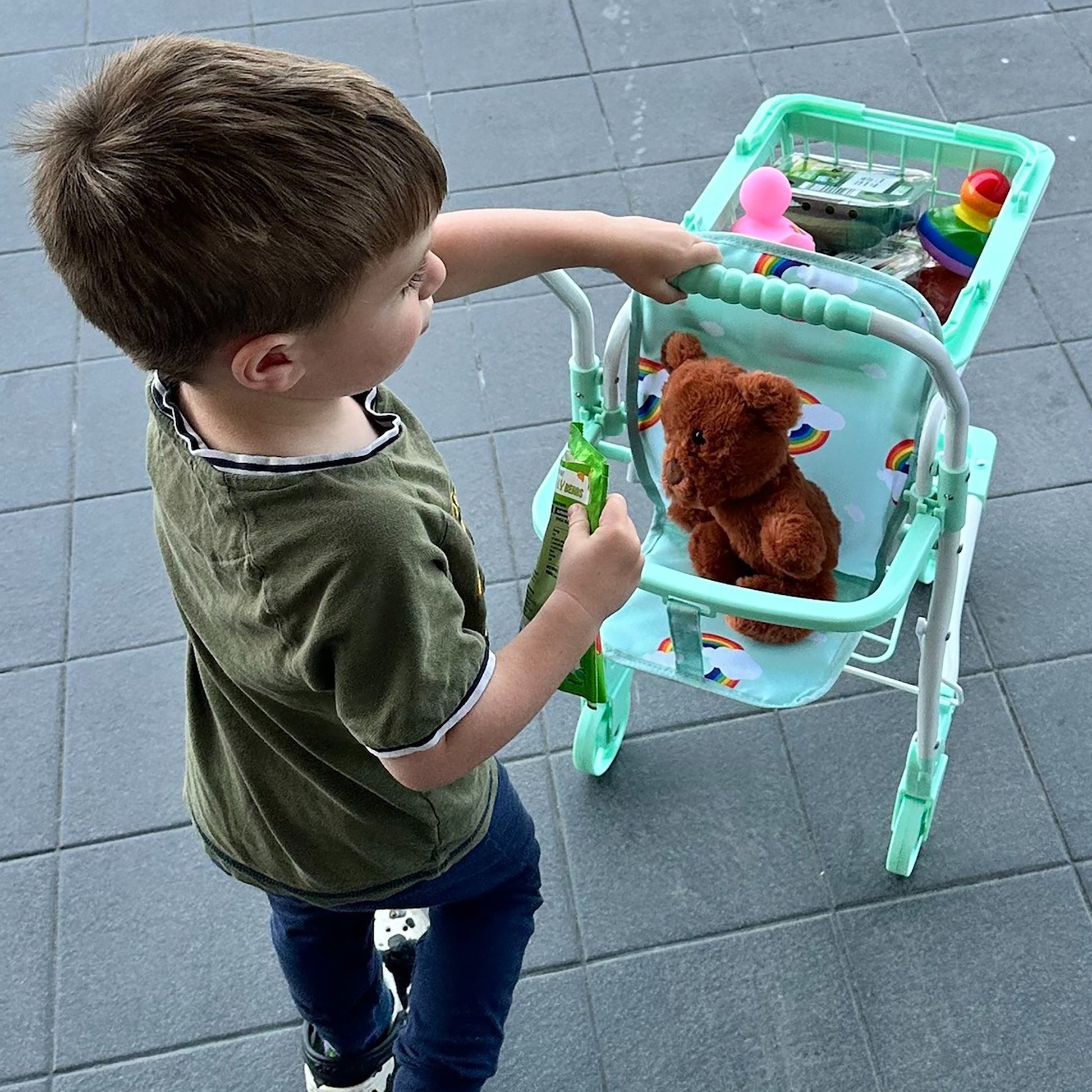 Roma Rupert Shopping Trolley in mint with brown teddy bear and accessories