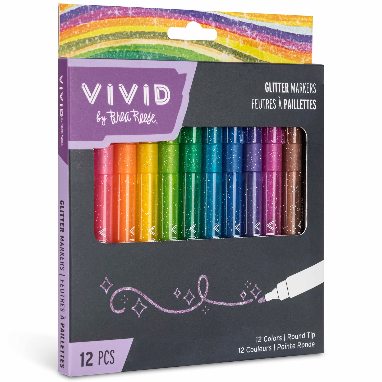 Vivid by Brea Reese 12-piece glitter markers set with rainbow colors and round tips