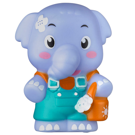 Blue plush elephant character with big eyes, pink cheeks, white flower detail, wearing turquoise outfit with orange accents and white paw pads