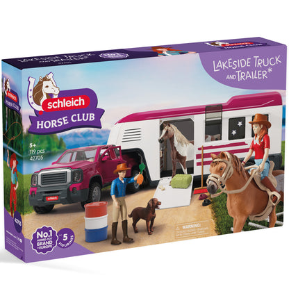 Schleich Horse Club Lakeside Truck and Trailer set with purple truck, white trailer, horses, and figurines