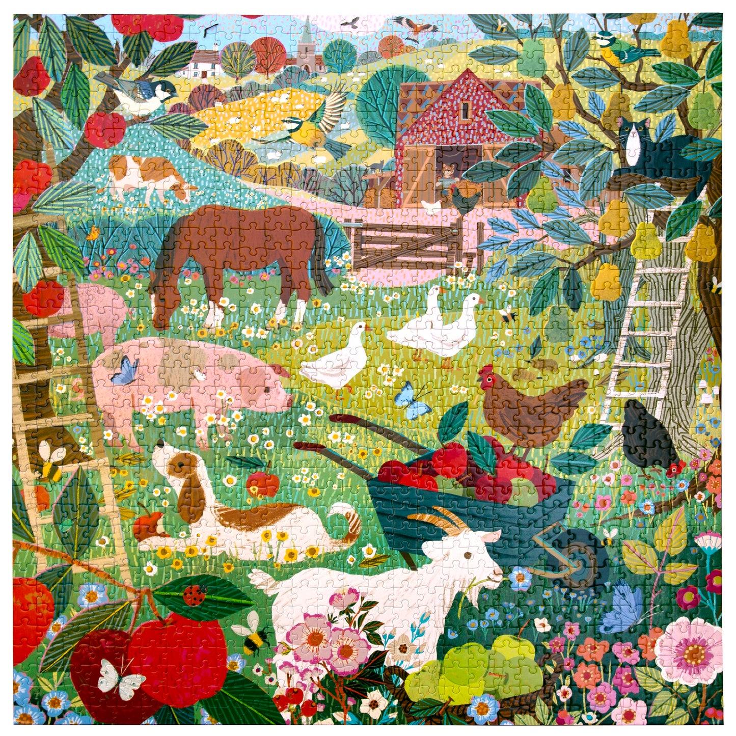 Piece&Love English Pastures 1000 pc puzzle featuring colorful farmyard scene with animals and flowers