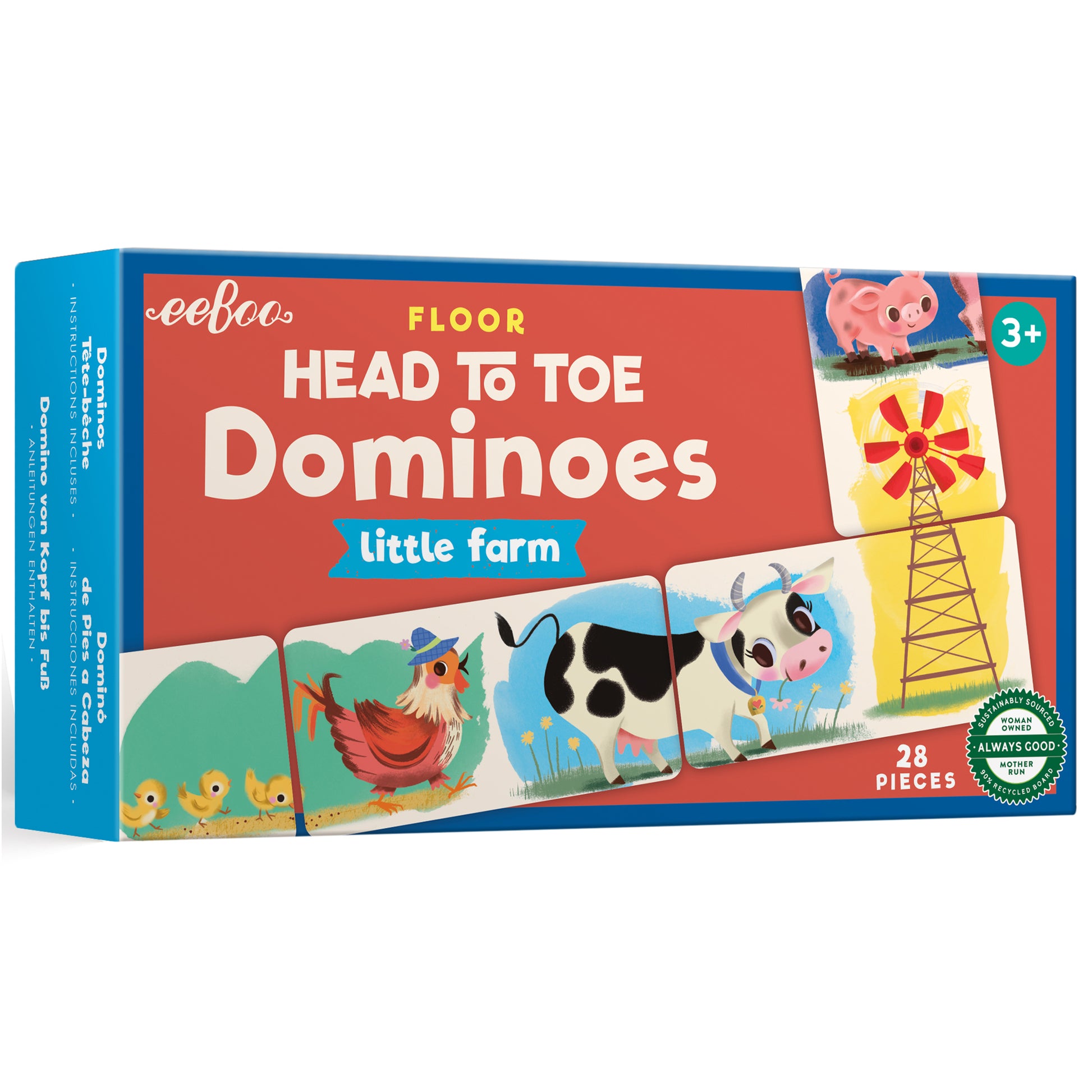 Floor Head to Toe Dominoes Little Farm by eeboo, 28 pieces, featuring colorful farm animals