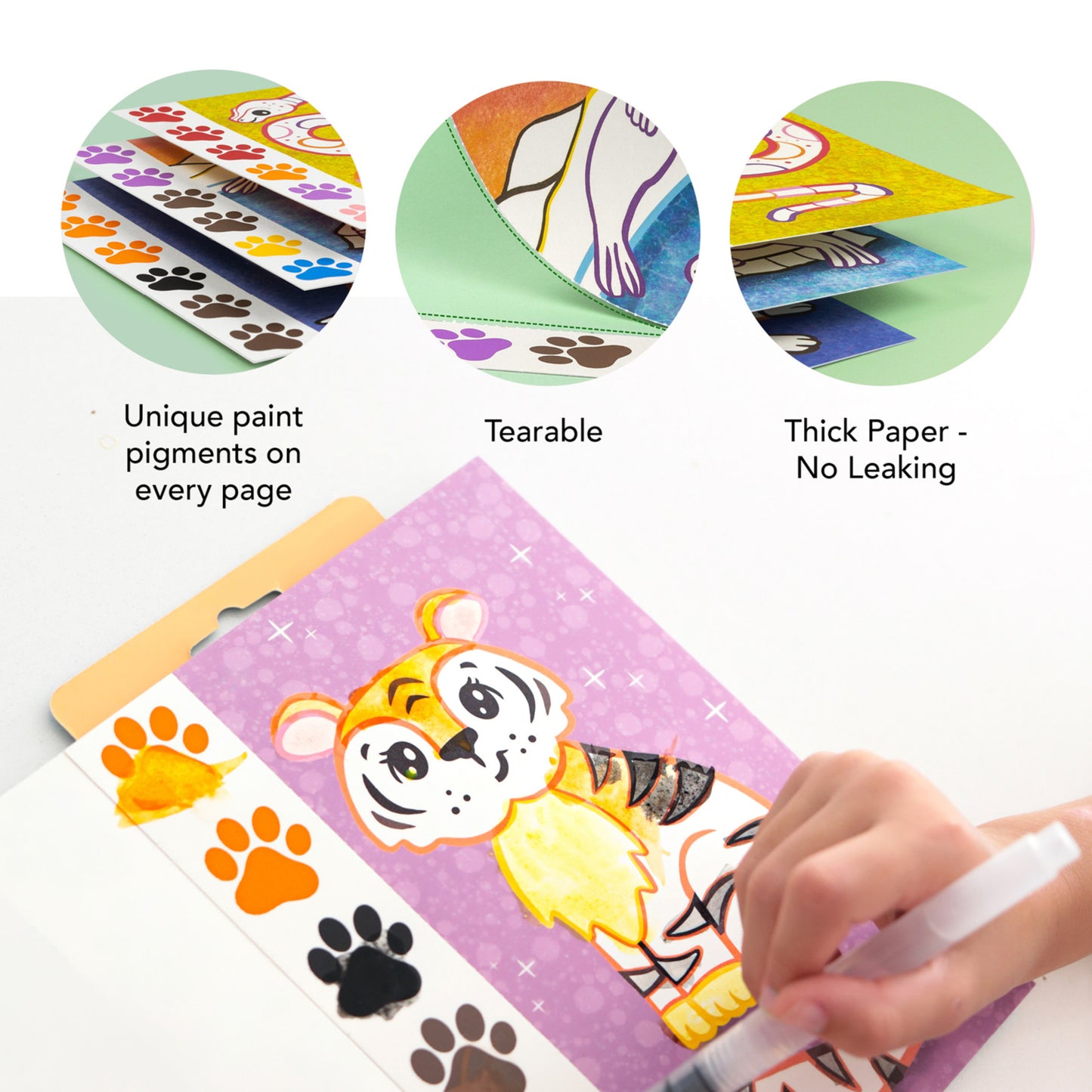 Tiger Tribe Wild Animals watercolor art set with tearable pages, thick paper, and mess-free brush for kids