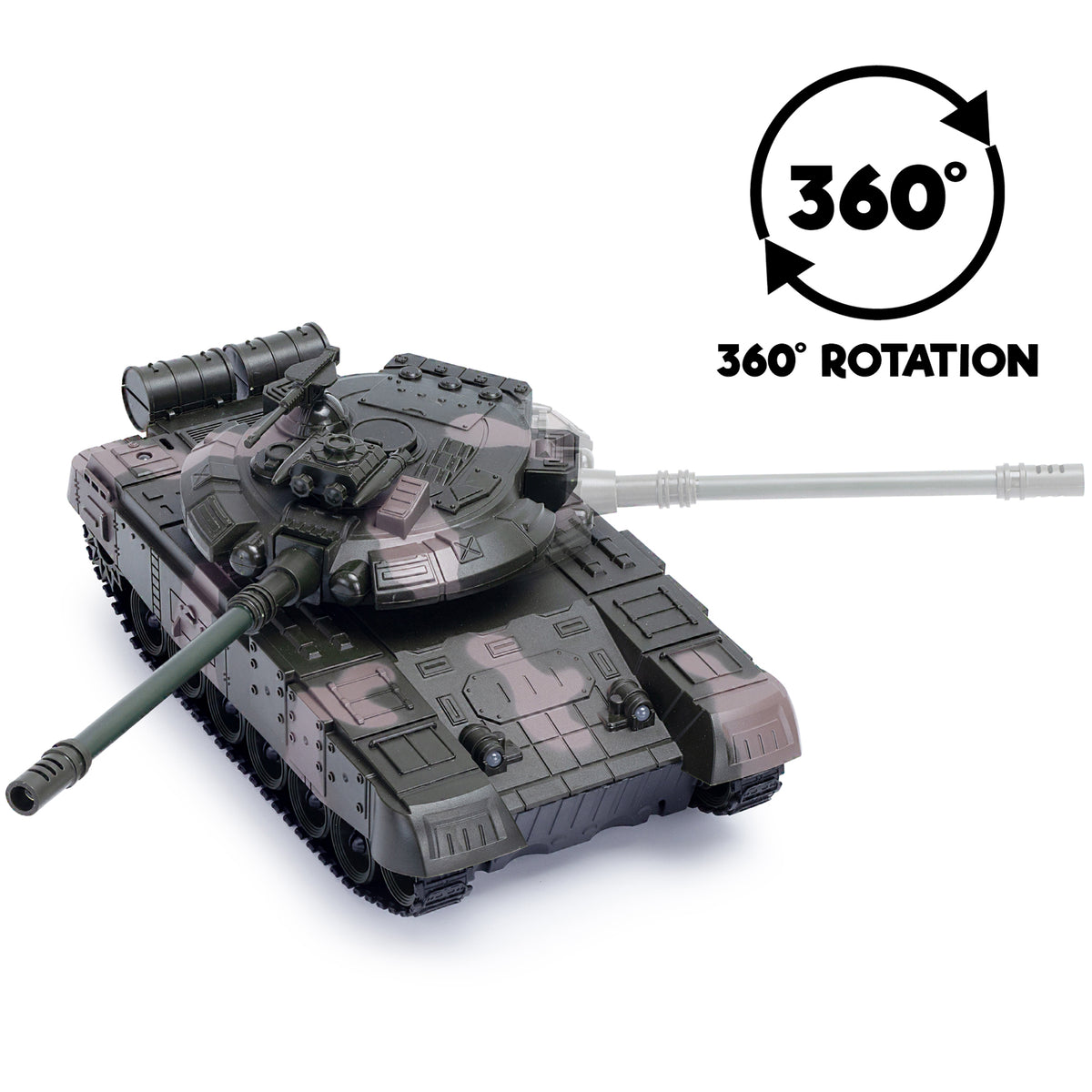 CMJ RC Battle Tank in grey camo with rotating turret and dual cannons, shown with 360° rotation capability