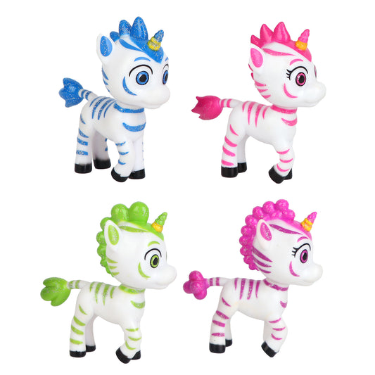 Four colorful unicorn figurines with sparkly horns and manes in blue, pink, green, and magenta with white bodies and striped details