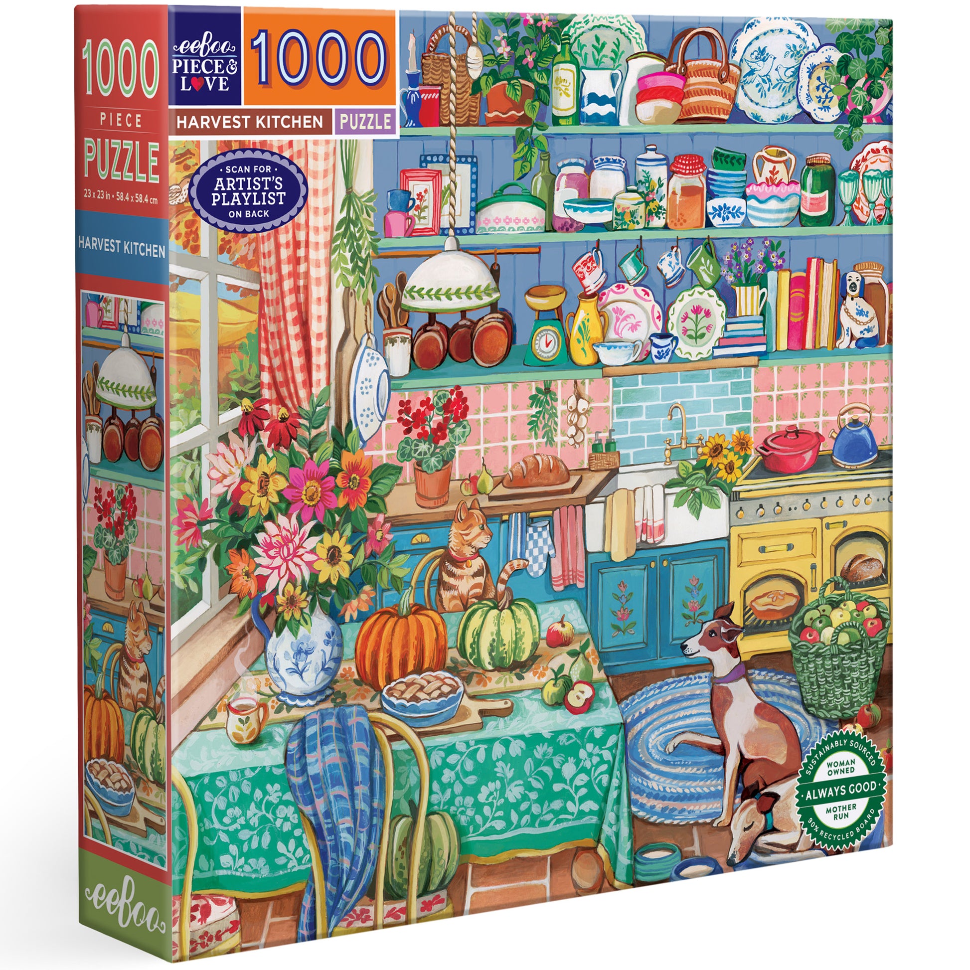 Harvest Kitchen 1000 Piece Puzzle by Piece & Love featuring colorful kitchen illustration with plants and animals