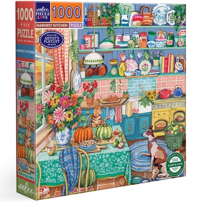 Harvest Kitchen 1000 Piece Puzzle by Piece & Love featuring colorful kitchen illustration with plants and animals