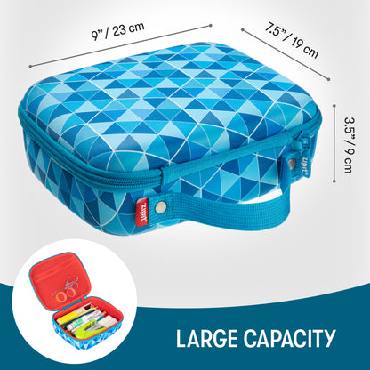 ZIPIT Jumbo Pencil Case in blue with geometric triangle pattern, carrying handle, and zipper closure