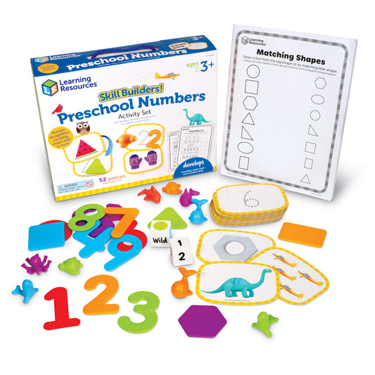 Learning Resources Skill Builders Preschool Numbers Activity Set with colorful foam numbers, shape pieces, activity cards, and dinosaur-themed learning mats, ag