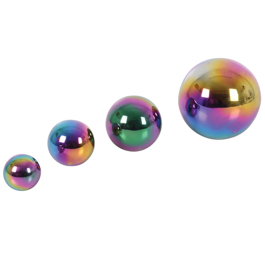 Four iridescent reflective balls in graduated sizes showing rainbow color gradients, from small to large