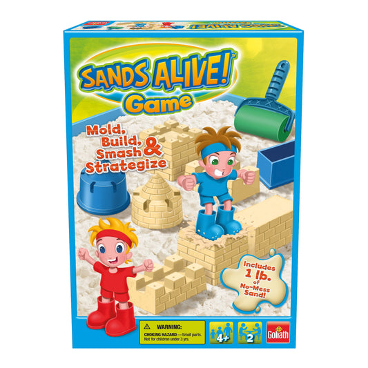 Sands Alive Game box showing kinetic sand building set with mold tools, cartoon characters in red and blue outfits, sand structures, and included 1 lb. no-mess