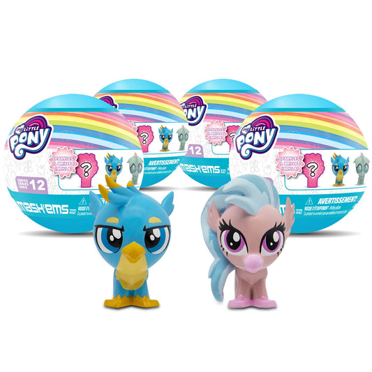 My Little Pony Mash'ems Series 12 collectible figures: blue pony with yellow beak and pink pony with blue mane, shown with rainbow-striped packaging spheres beh