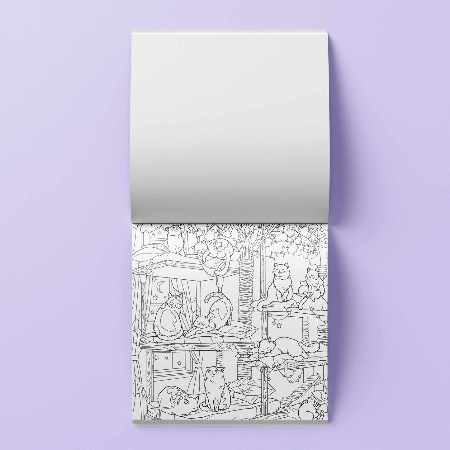 Library Cats Coloring Kit with 32 illustrations, markers and paint pen on purple background