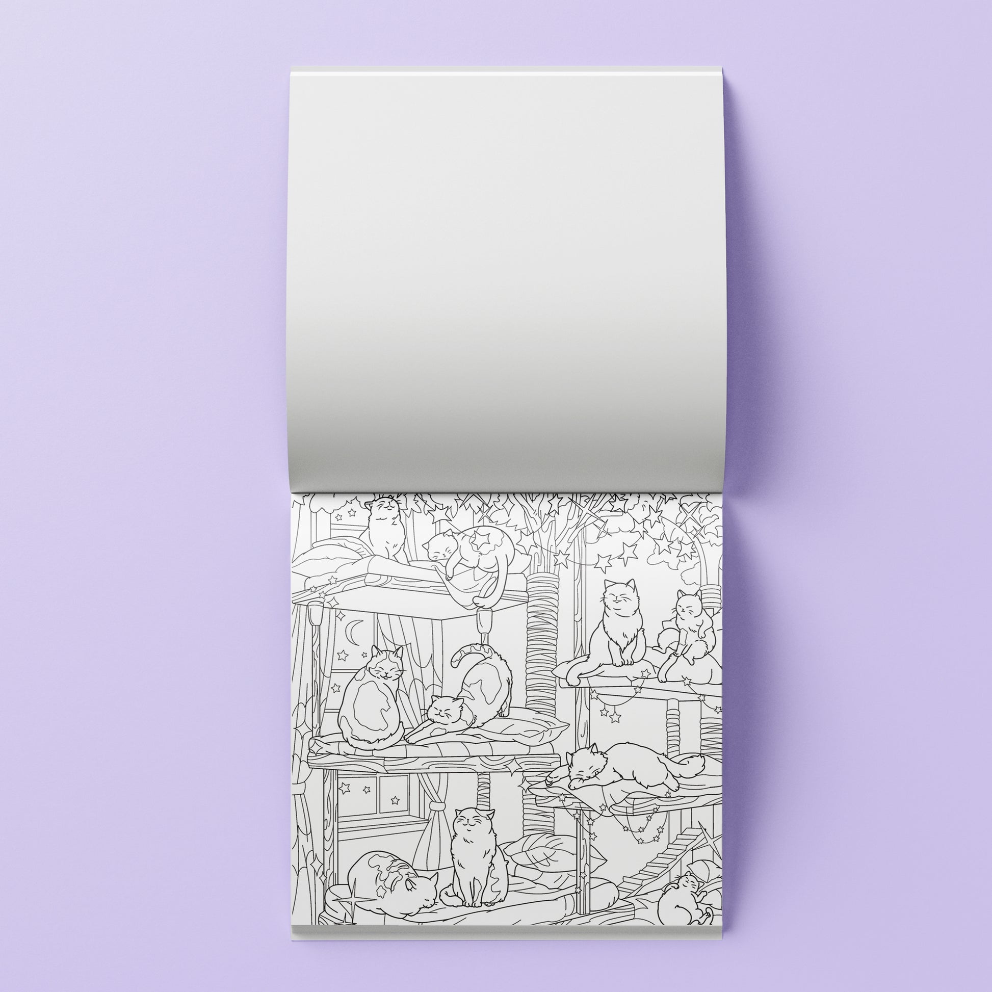 Library Cats Coloring Kit with 32 illustrations, markers and paint pen on purple background