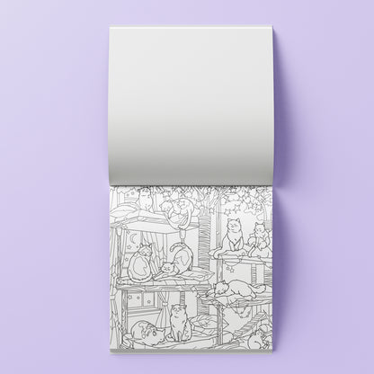 Library Cats Coloring Kit with 32 illustrations, markers and paint pen on purple background