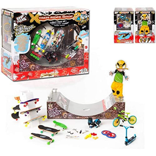 X-Trem Rider Shop playset with skate park ramp, miniature skateboards, BMX bikes, scooter, and yellow character figure; includes multiple accessory pieces and c