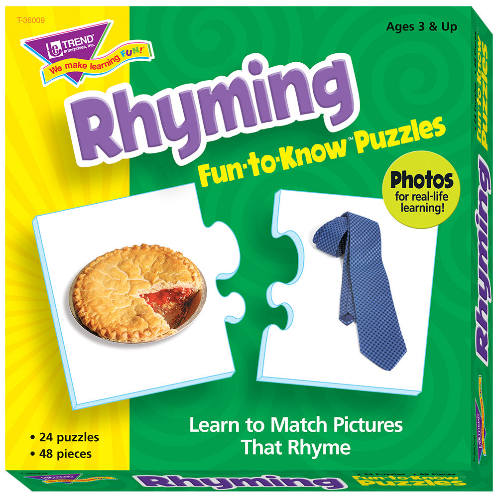 Trend Enterprises Rhyming Fun-to-Know Puzzles box featuring 24 puzzles with 48 pieces total, showing sample puzzle cards of a pie and blue necktie that rhyme, a