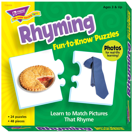 Trend Enterprises Rhyming Fun-to-Know Puzzles box featuring 24 puzzles with 48 pieces total, showing sample puzzle cards of a pie and blue necktie that rhyme, a