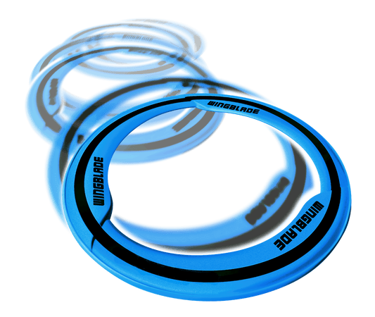 Goliath Sports Aeroflyt Wingblade blue flying ring with black stripe and branding on plain background
