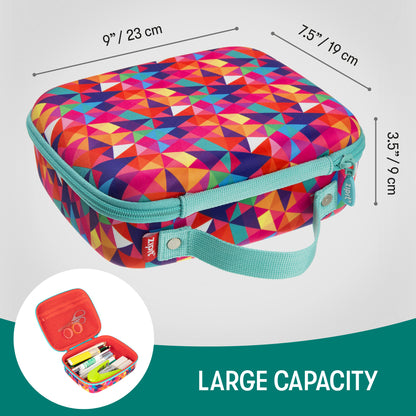 ZIPIT Jumbo Pencil Case in Colorful with bright geometric triangle pattern, turquoise handle, and storage contents vi...