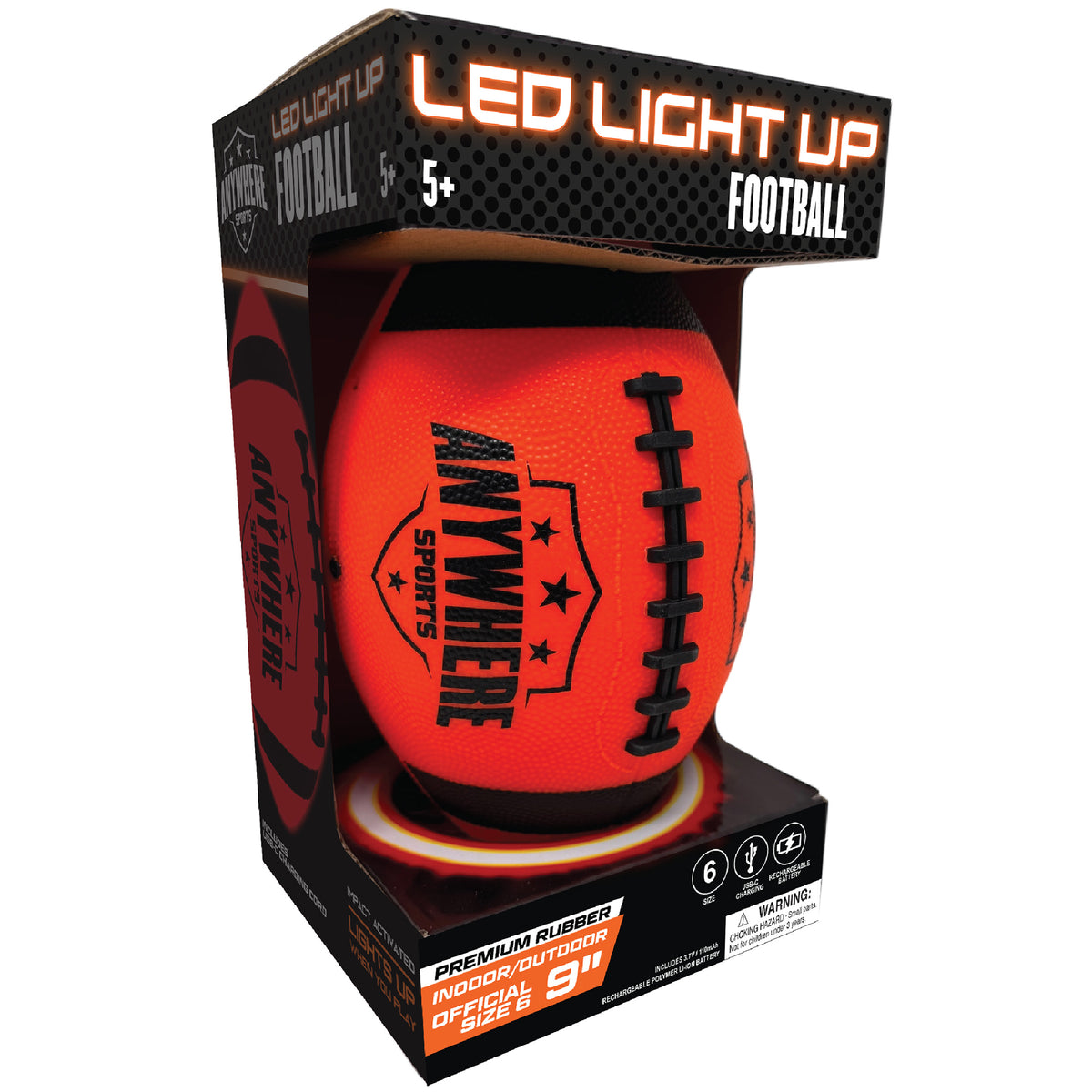 Anywhere Sports LED Light-Up Football in bright red with black laces, displayed in packaging