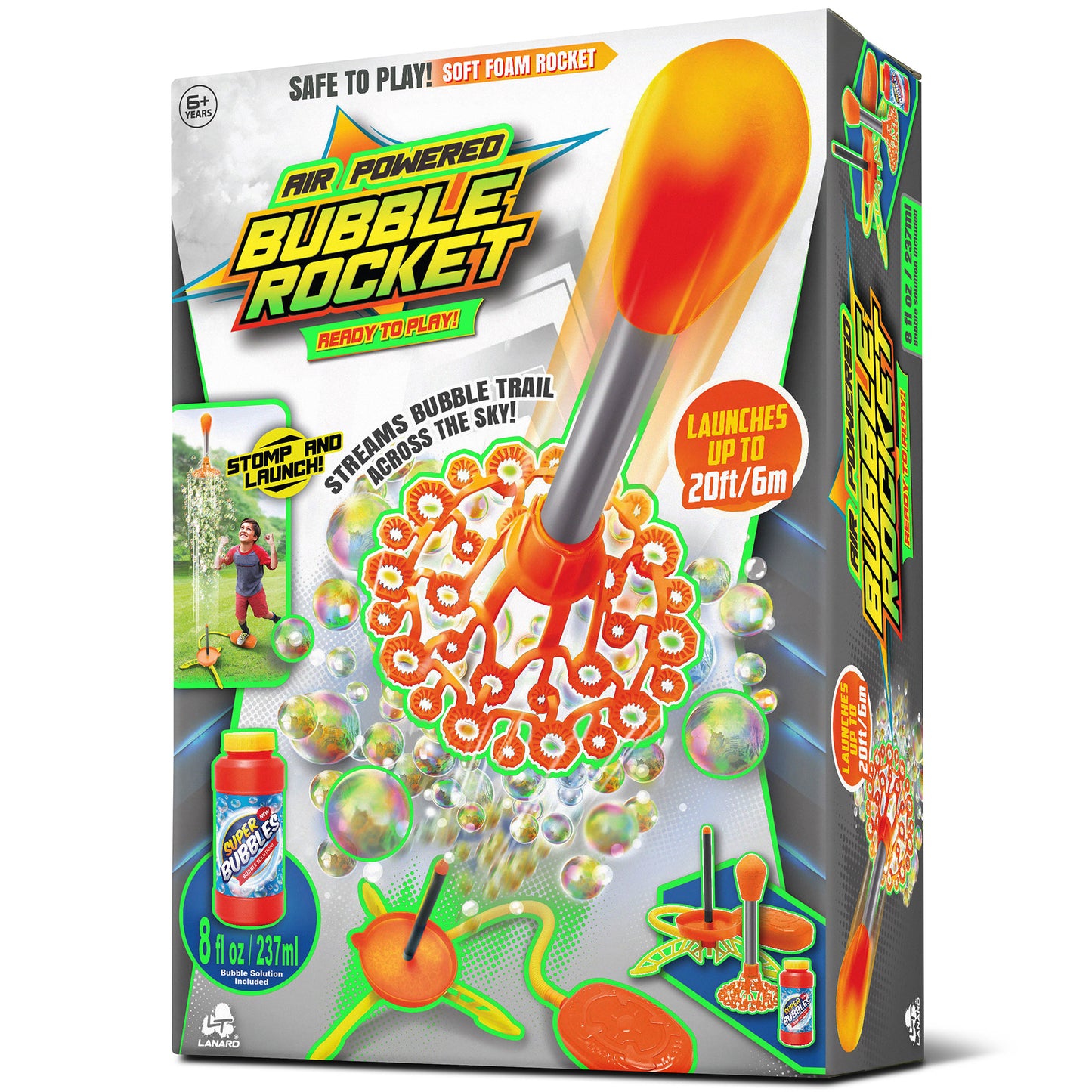 Air Powered Bubble Rocket soft foam toy with orange and yellow rocket, launches bubbles up to 20ft