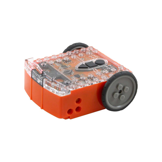 Orange and clear STEAM robot kit with exposed circuit board, black wheels, and control interface on plain background
