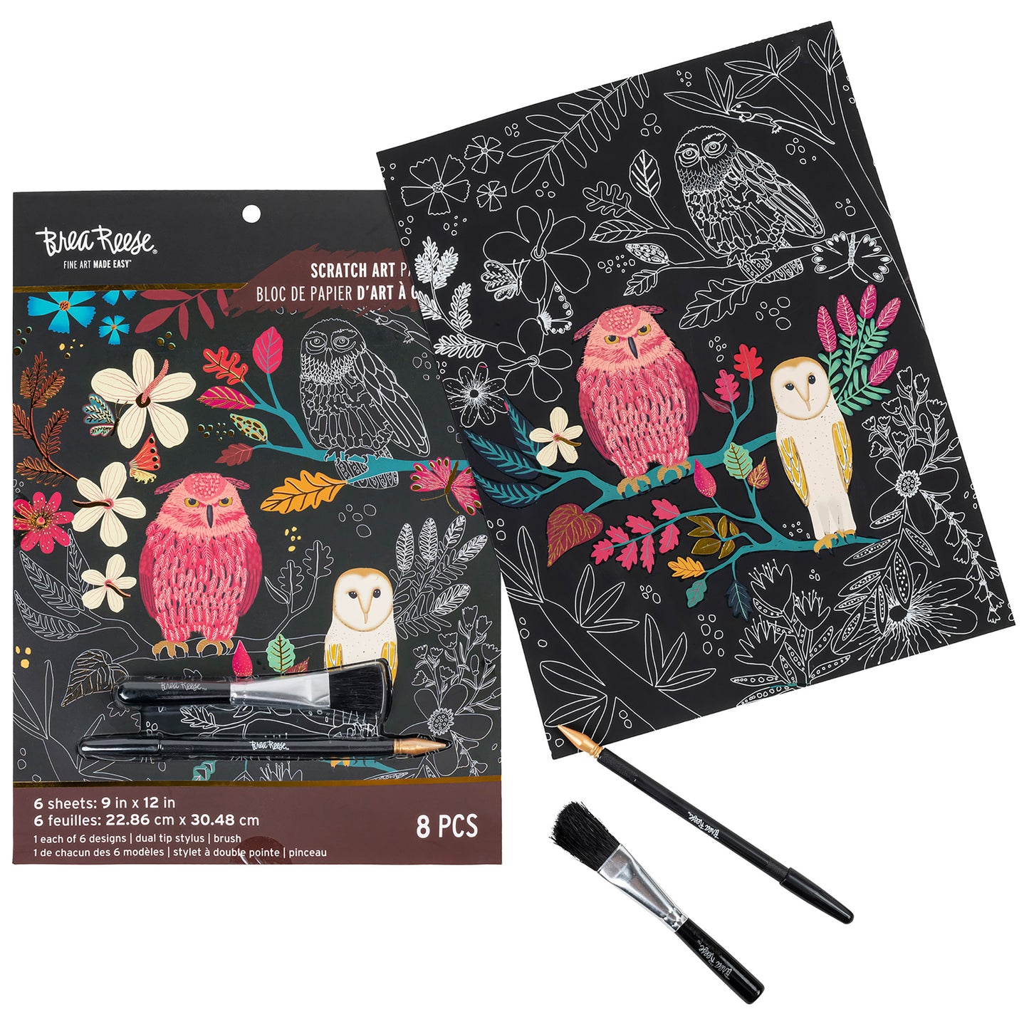 Scratch Art Paper Pad - Owl & Moon with colorful owl designs, flowers, and dual-tip stylus brushes included