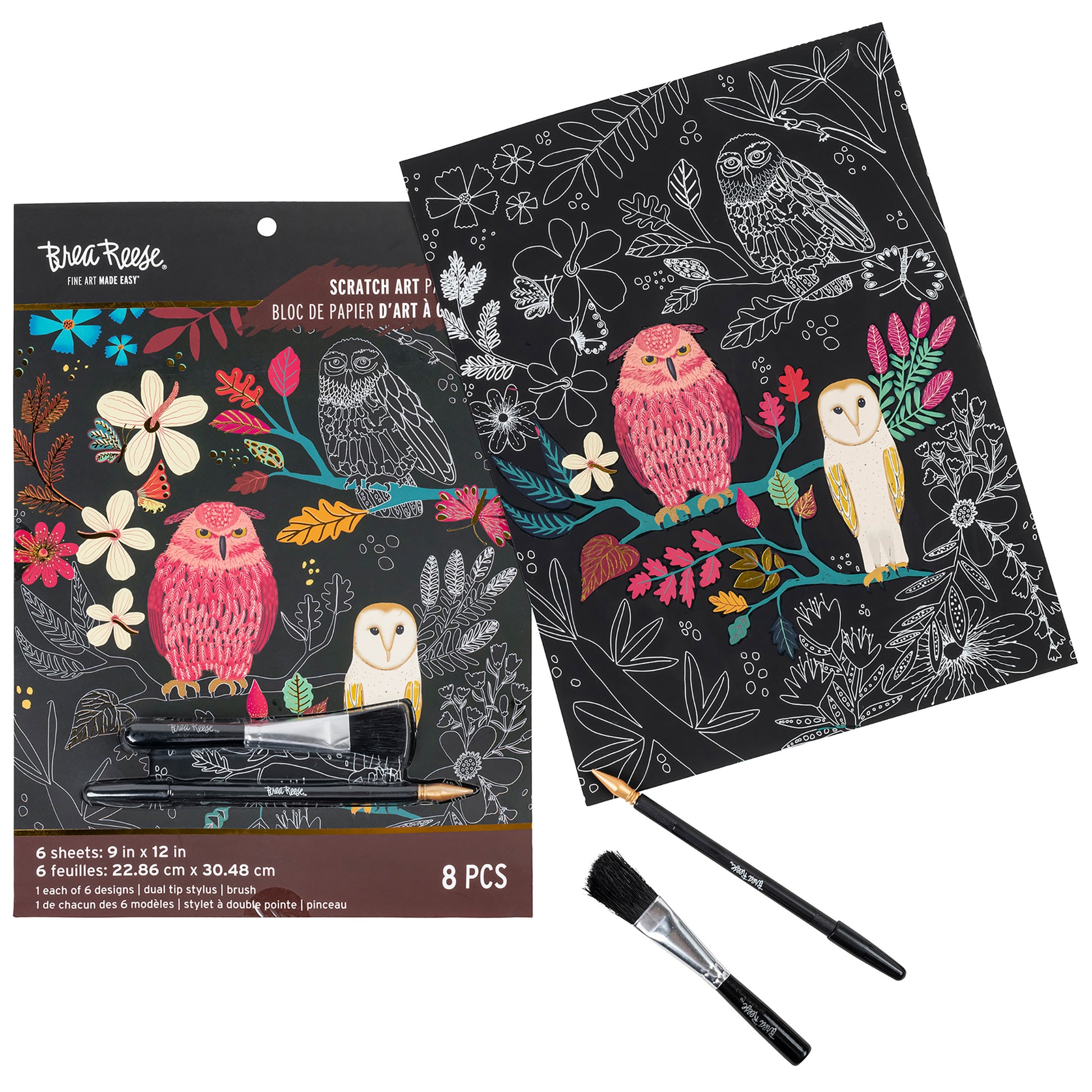 Scratch Art Paper Pad - Owl & Moon with colorful owl designs, flowers, and dual-tip stylus brushes included
