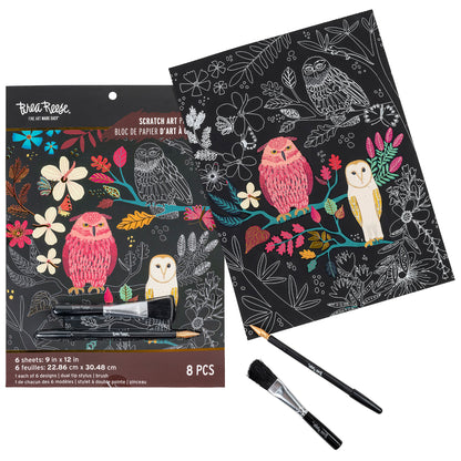 Scratch Art Paper Pad - Owl & Moon with colorful owl designs, flowers, and dual-tip stylus brushes included