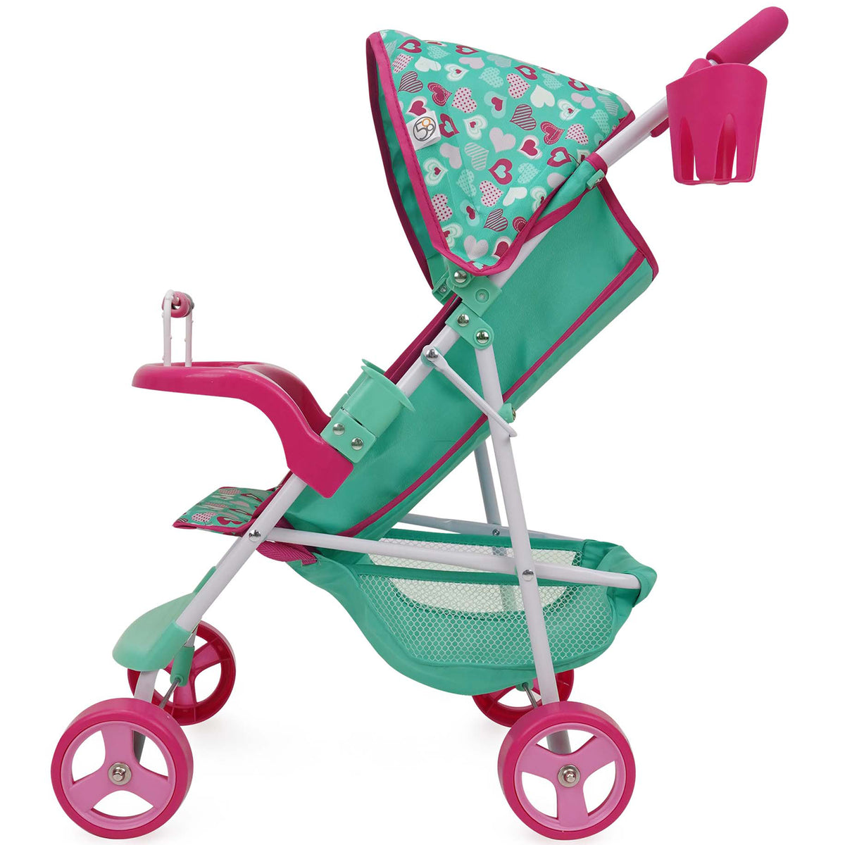 Mint Heart Sarah doll stroller in turquoise and pink with heart-patterned canopy, cup holder, and storage basket