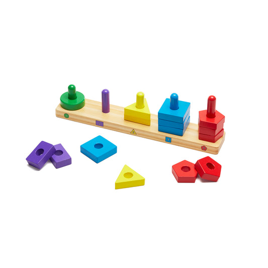Colorful wooden stack and sort board with green circle, purple cylinder, yellow triangle, blue square, and red pentagon pieces with matching shaped pegs and loo