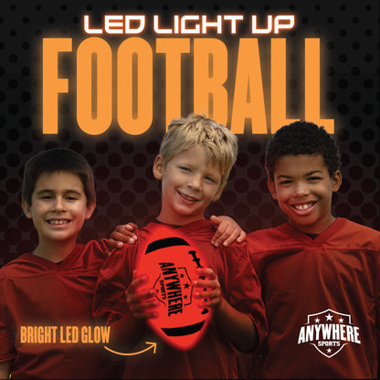 LED Light-Up Football in red with bright glow, shown with three smiling children in red jerseys
