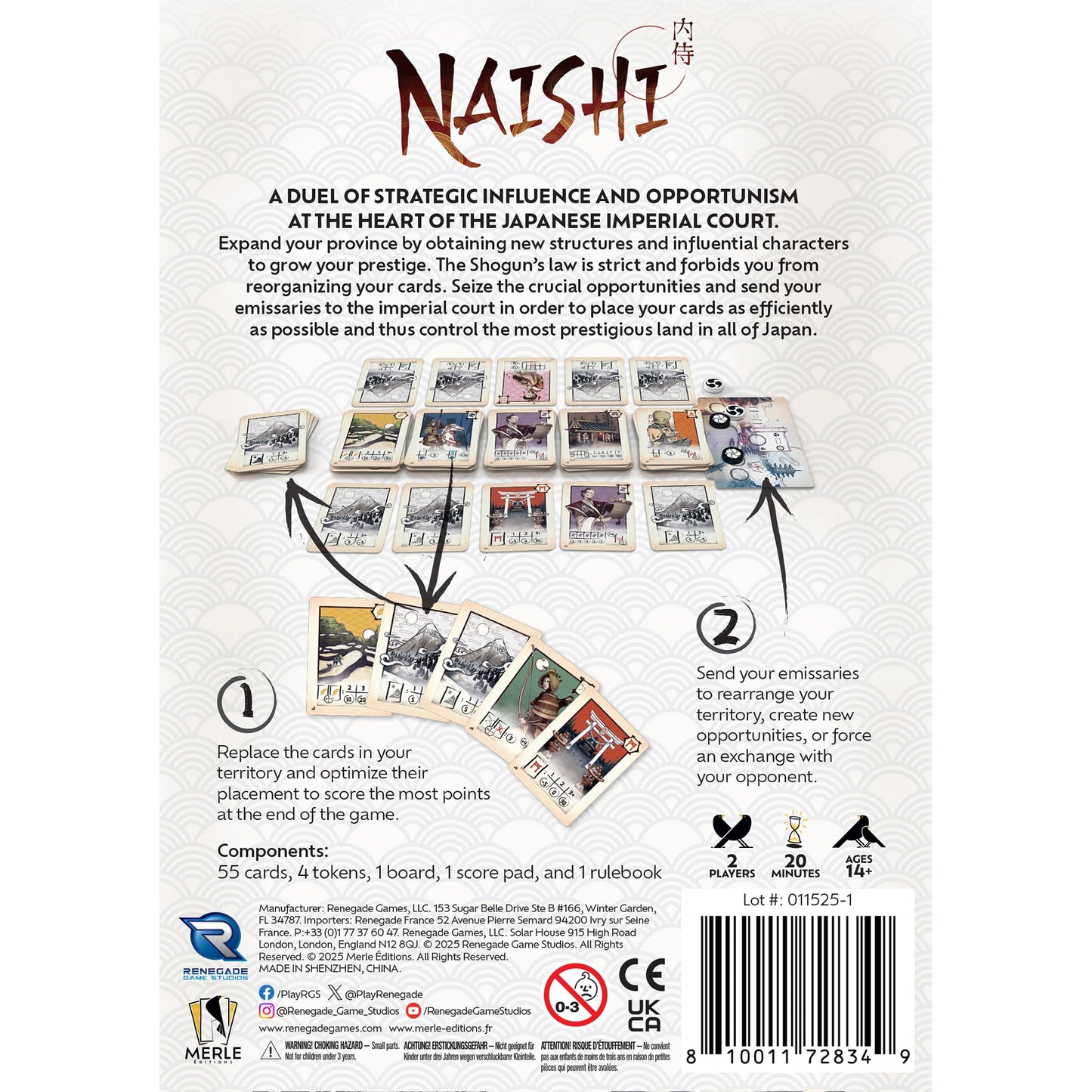 Naishi card game box and components showing 55 cards, tokens, and board for 2-player strategic gameplay