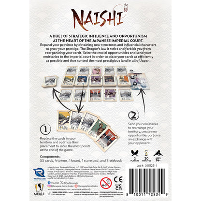 Naishi card game box and components showing 55 cards, tokens, and board for 2-player strategic gameplay
