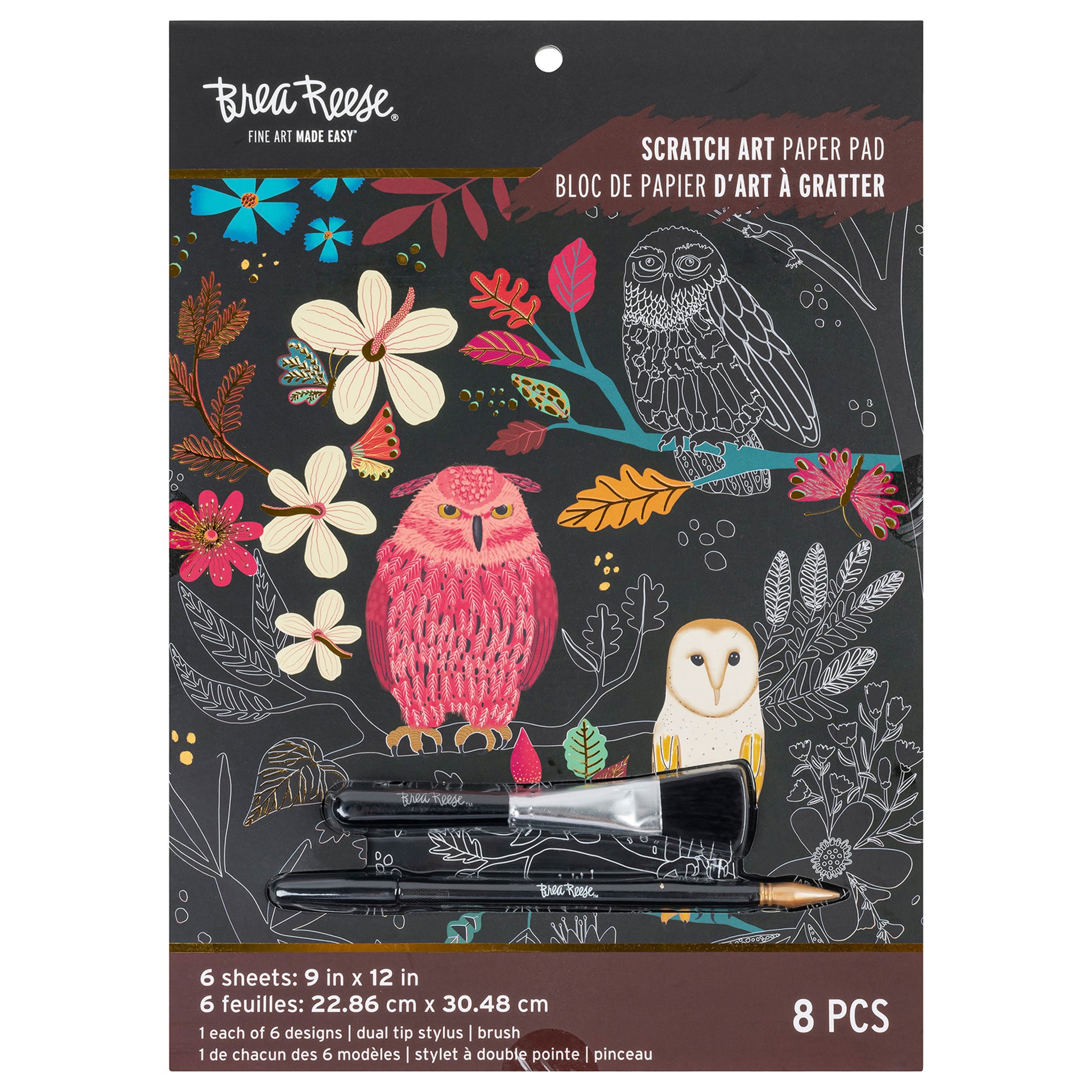 Brea Reese Scratch Art Paper Pad with owl and floral designs, includes stylus and brush tools