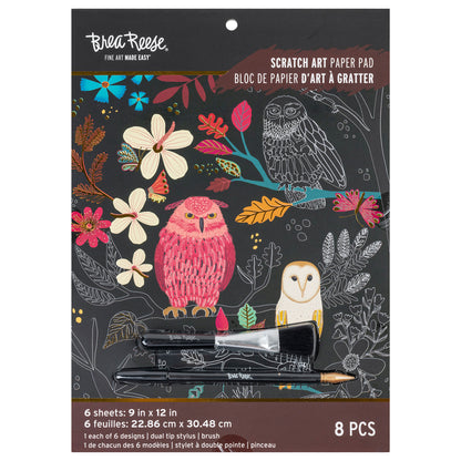 Brea Reese Scratch Art Paper Pad with owl and floral designs, includes stylus and brush tools