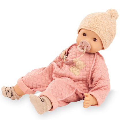 Gotz Maxy Muffin Little Bear baby doll in pink quilted outfit with cream knit hat